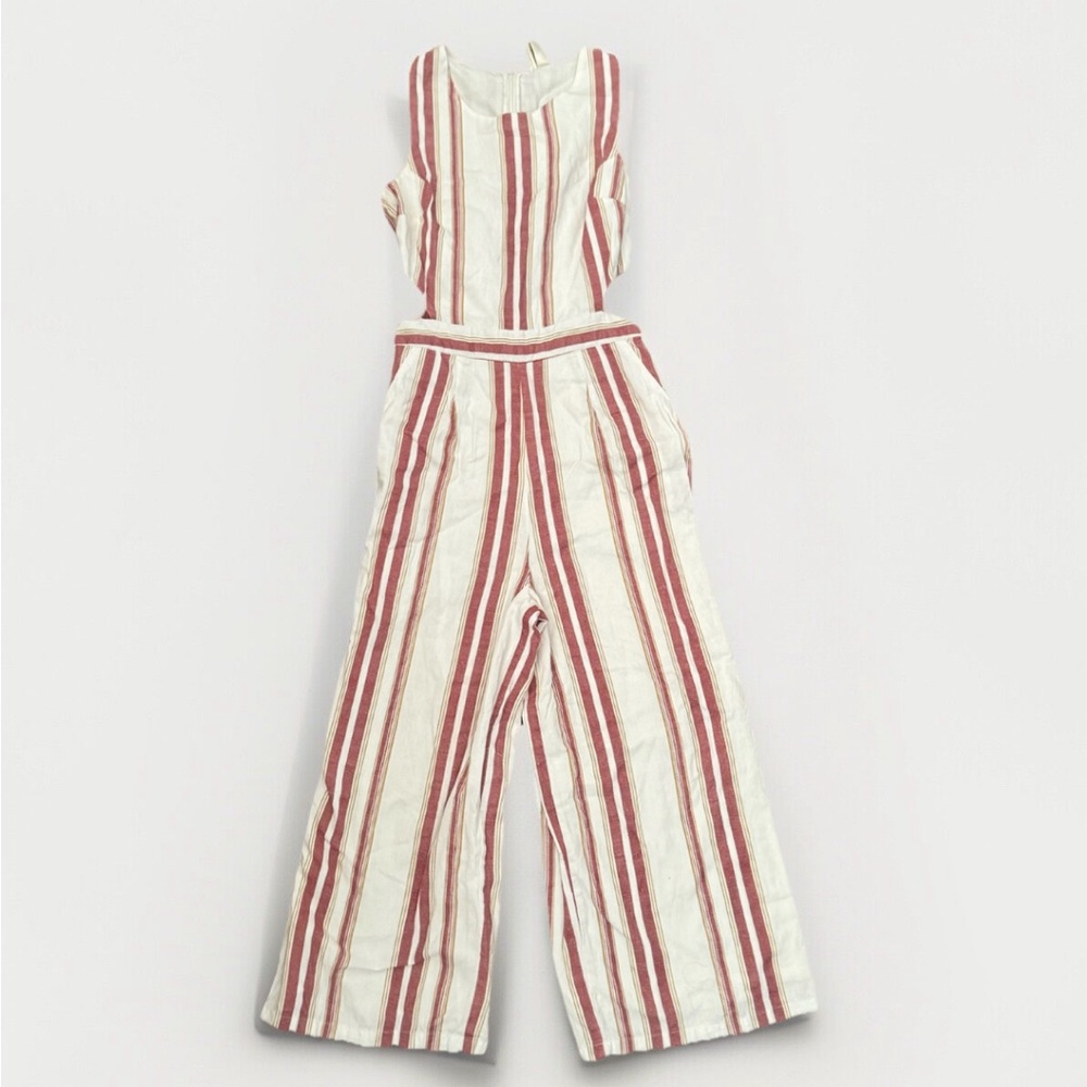 Japna White & Red Striped Jumpsuit Womens Size M Cutout Wide Leg Boho Linen